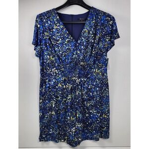 Suite 7 lRomper V-Neck Blue Yellow Print‎ Casual Short Sleeve women's size 2xl
